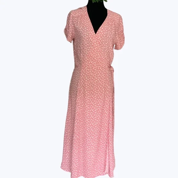 & Other Stories Pink Floral V Neck Wrap Midi Dress Ruched Puffed Sleeves SZ 6 - Picture 4 of 14